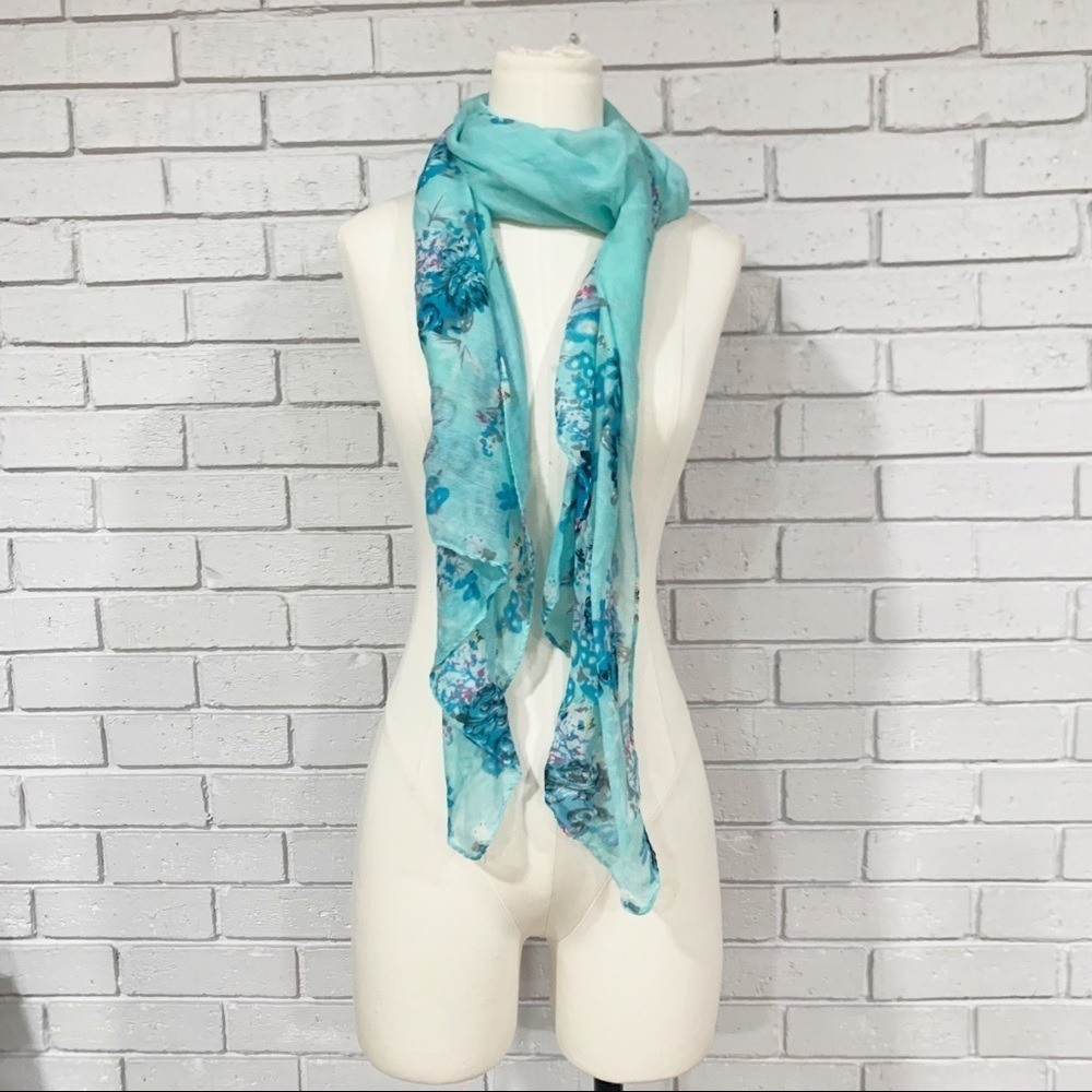 Turquoise Blue Floral Paisley Lightweight Sheer Scarf Boho Spring Summer